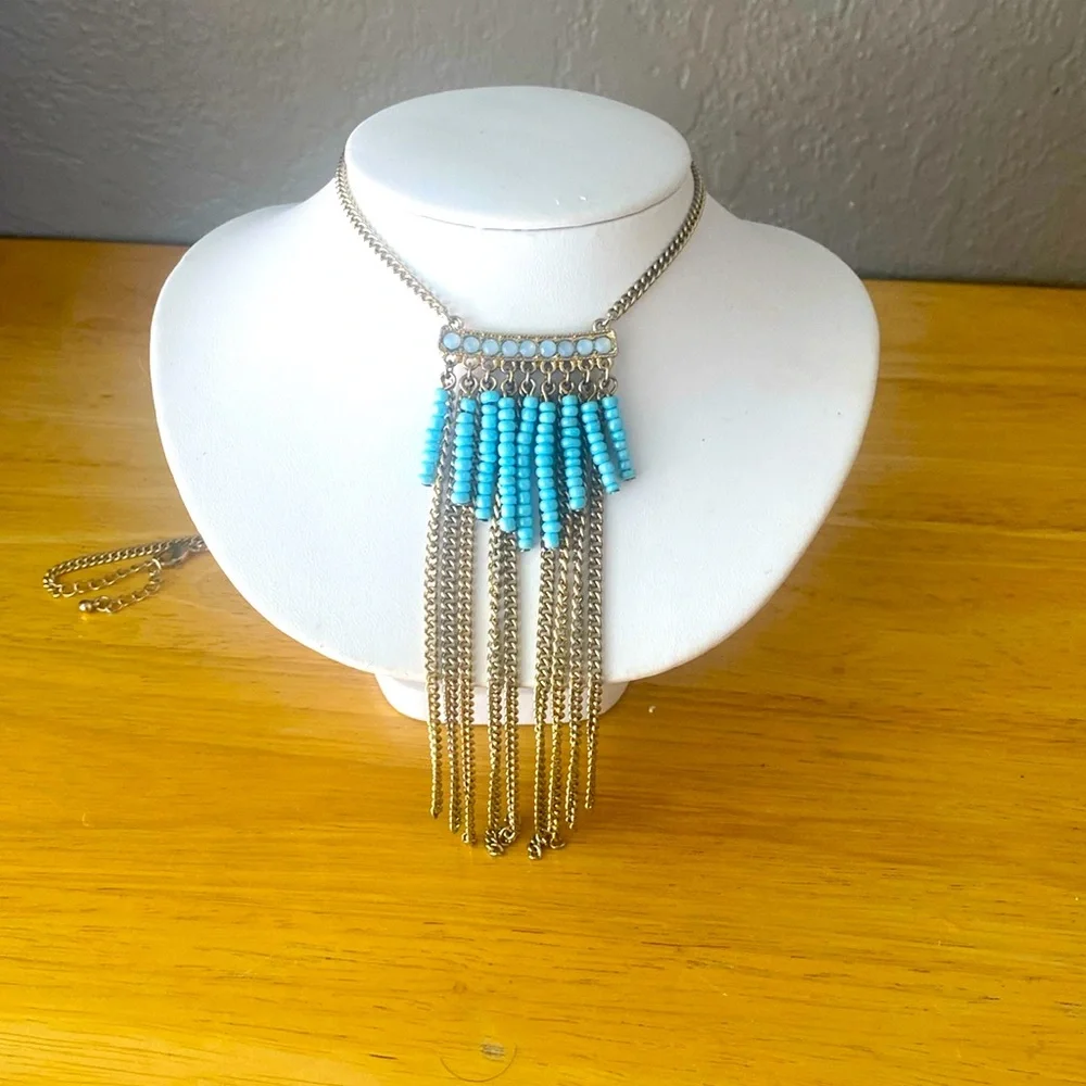 Anthropologie Shiraleah Eulalia Necklace Turquoise Fringe Chains